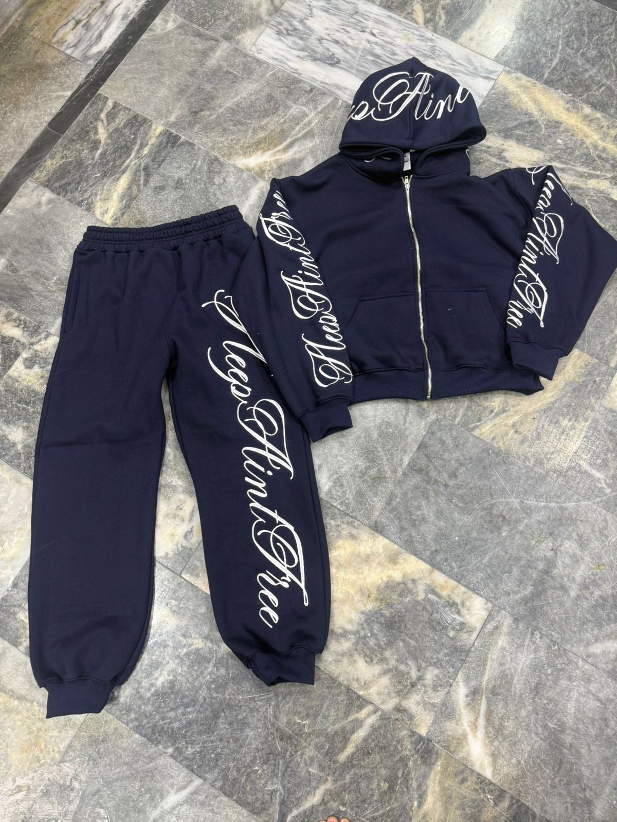 Navy Blue Scripted Sweatsuit